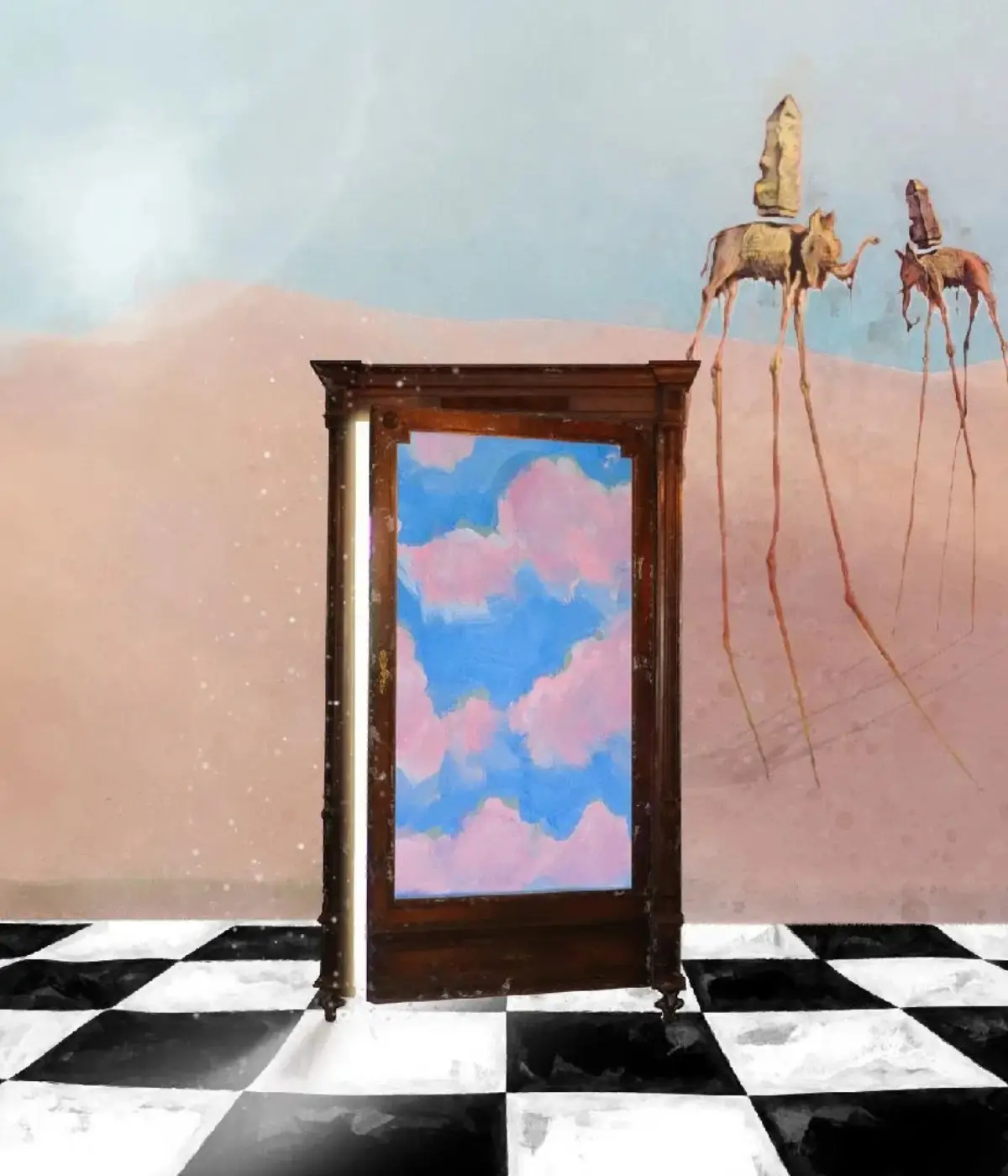 Surreal artwork of a doorway opening onto clouds at Comadre